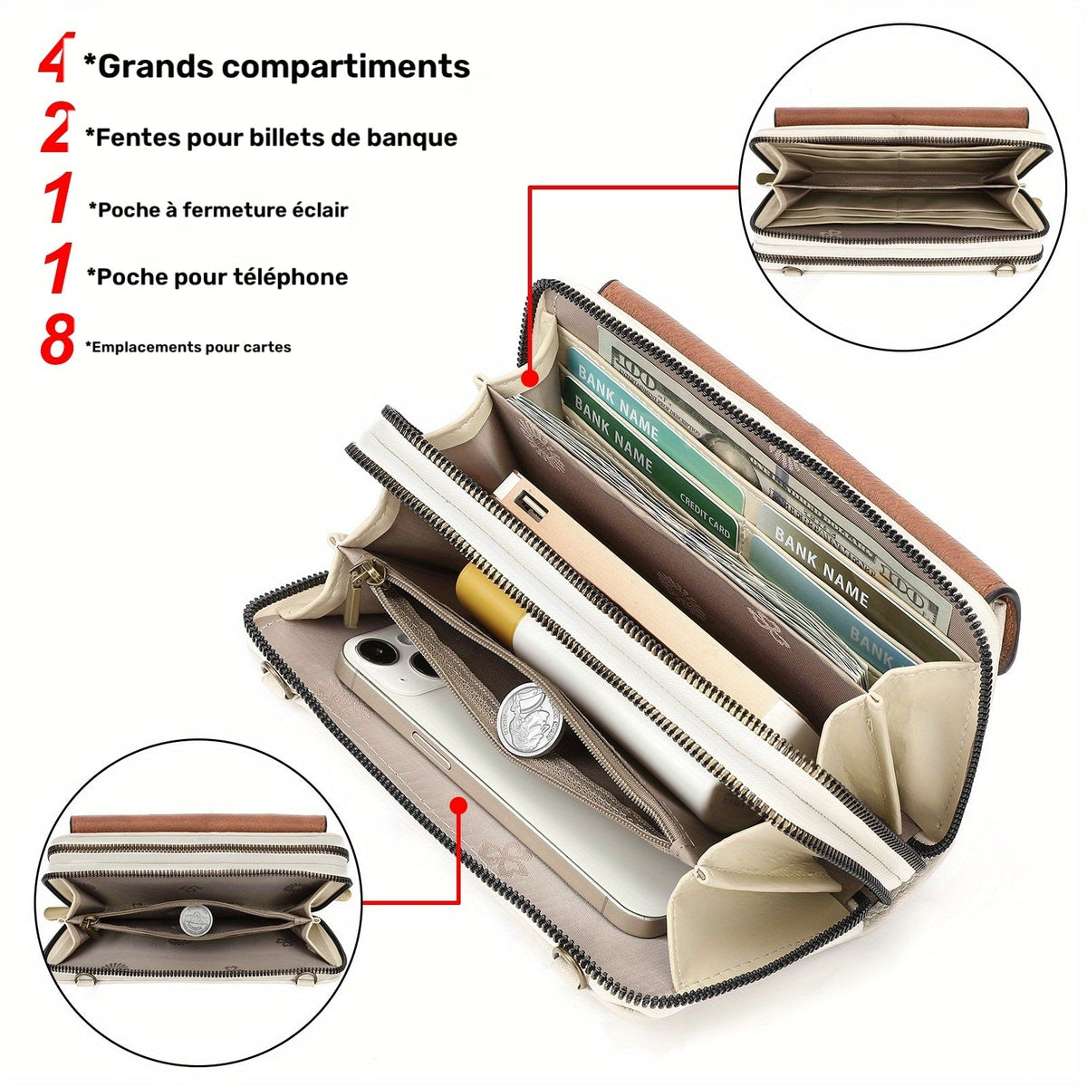 Women's Long Wallet with Shoulder Strap, 8 Card Slots