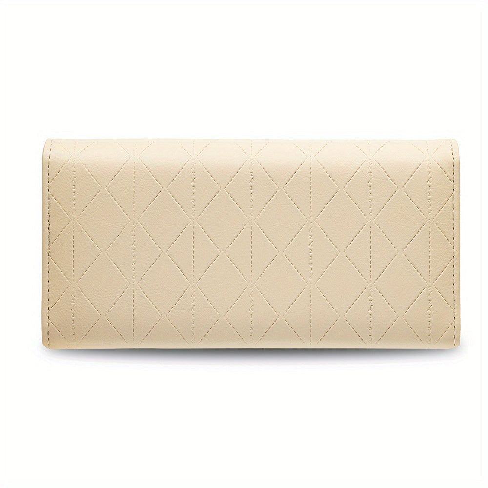 Long women's wallet in beige with diamond stitching and flap