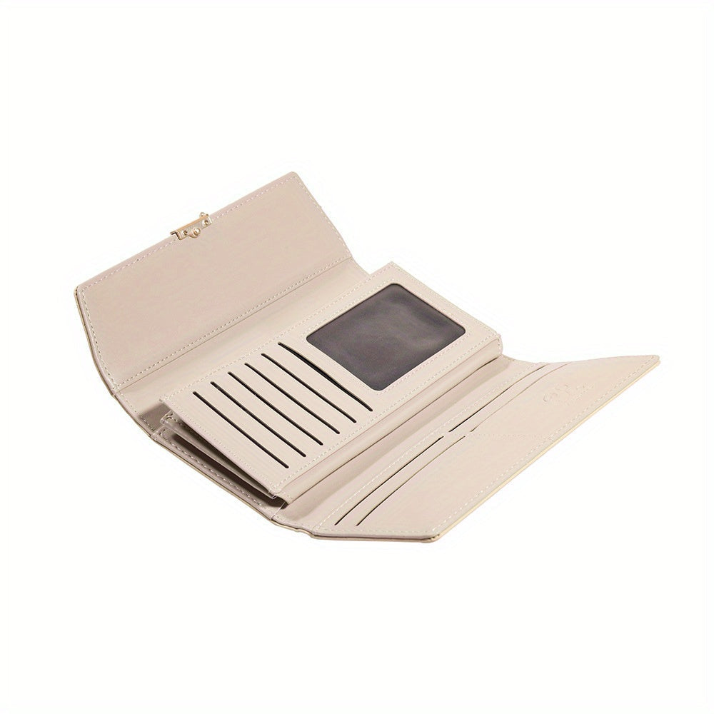 Long women's wallet in beige with diamond stitching and flap