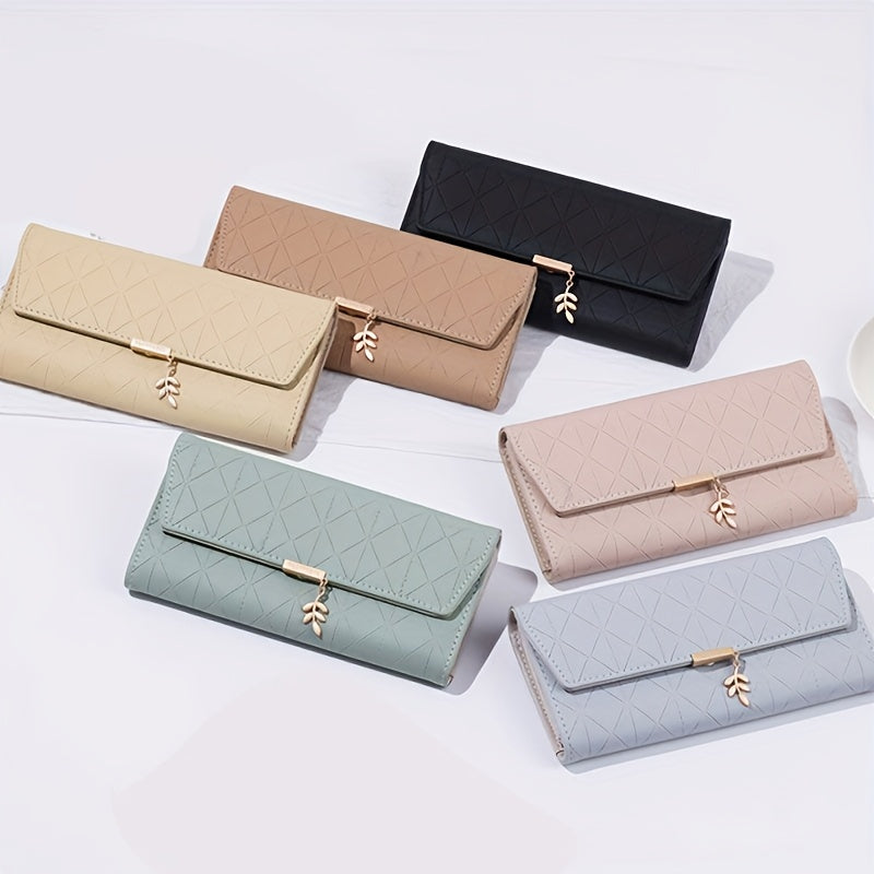 Long women's wallet in beige with diamond stitching and flap