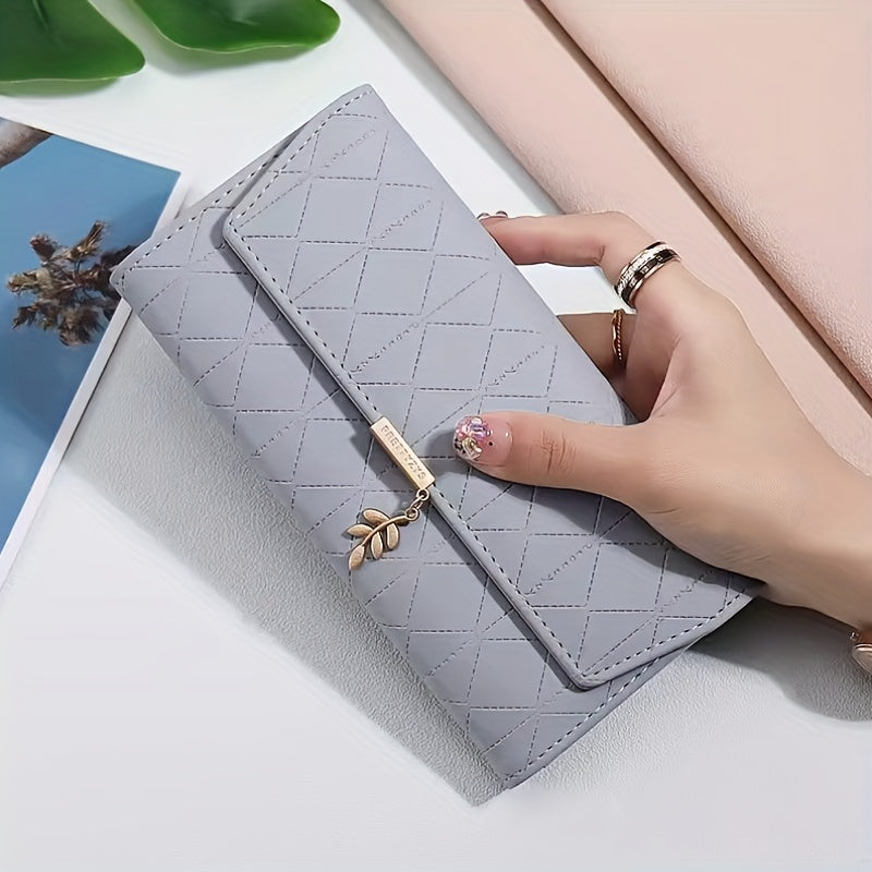 Long women's wallet in beige with diamond stitching and flap