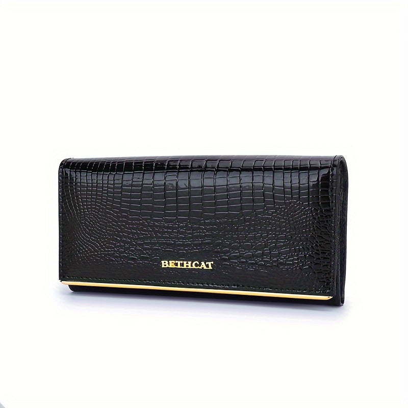 Long women's wallet, five bill pockets, patent croc