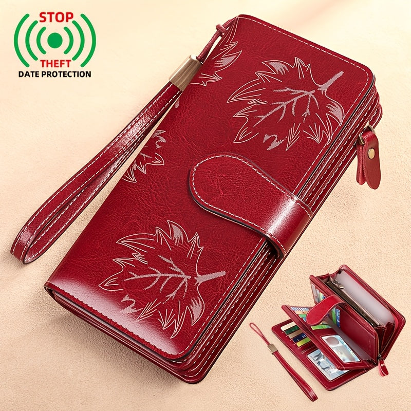 Long women's wallet in suede leather, maple leaf