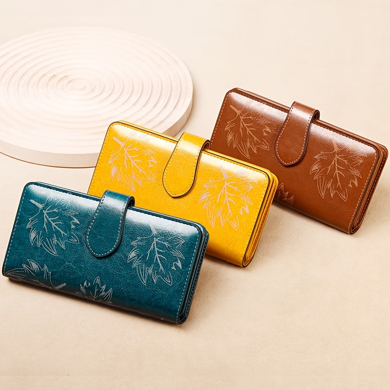 Long women's wallet in suede leather, maple leaf