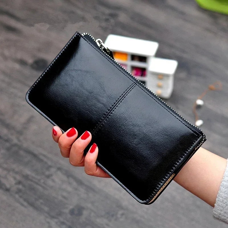Vintage PU Leather Long Wallet for Women with Zip and Wrist Strap