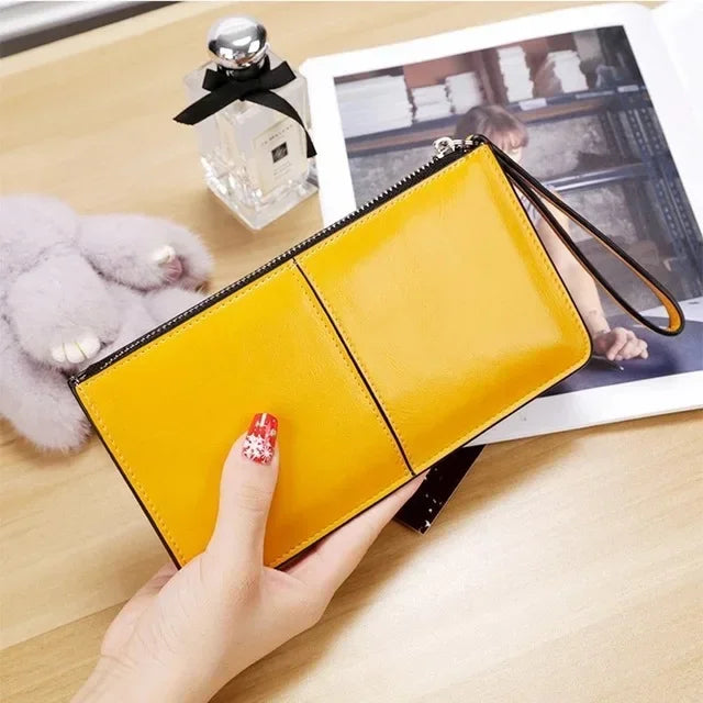 Vintage PU Leather Long Wallet for Women with Zip and Wrist Strap