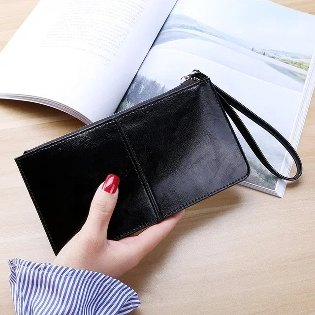 Vintage PU Leather Long Wallet for Women with Zip and Wrist Strap