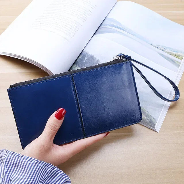 Vintage PU Leather Long Wallet for Women with Zip and Wrist Strap