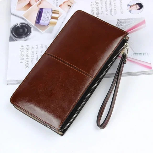 Vintage PU Leather Long Wallet for Women with Zip and Wrist Strap