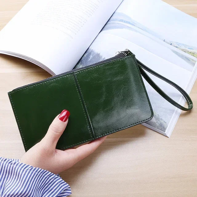 Vintage PU Leather Long Wallet for Women with Zip and Wrist Strap