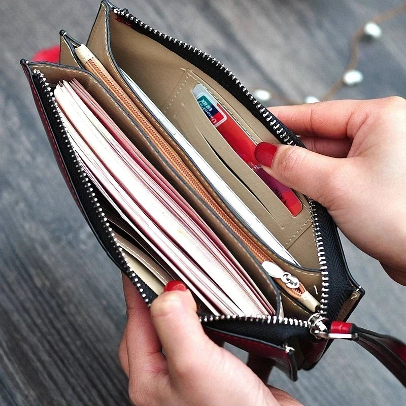 Vintage PU Leather Long Wallet for Women with Zip and Wrist Strap