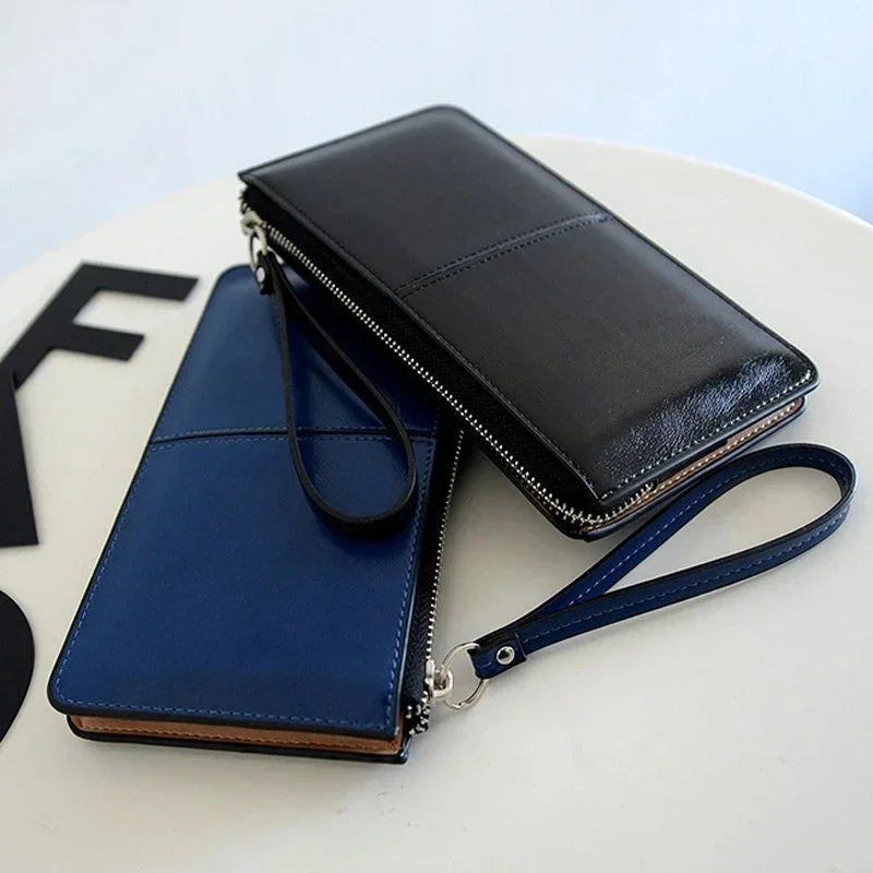 Vintage PU Leather Long Wallet for Women with Zip and Wrist Strap