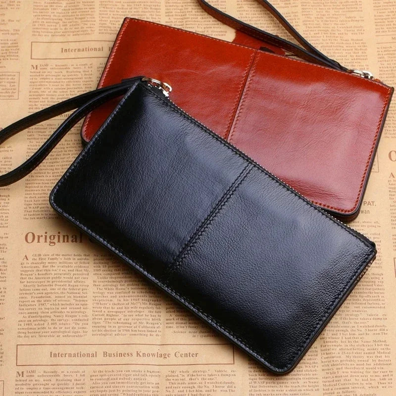 Vintage PU Leather Long Wallet for Women with Zip and Wrist Strap