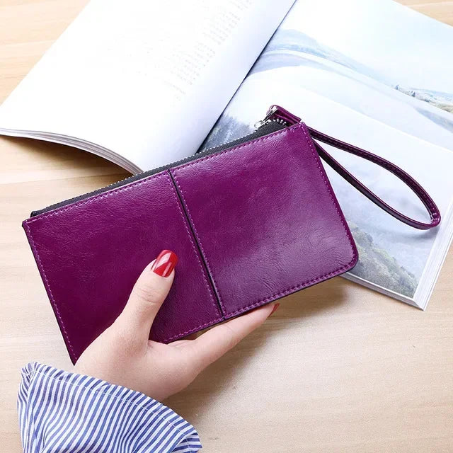 Vintage PU Leather Long Wallet for Women with Zip and Wrist Strap