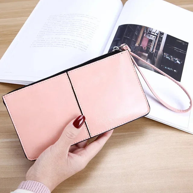 Vintage PU Leather Long Wallet for Women with Zip and Wrist Strap