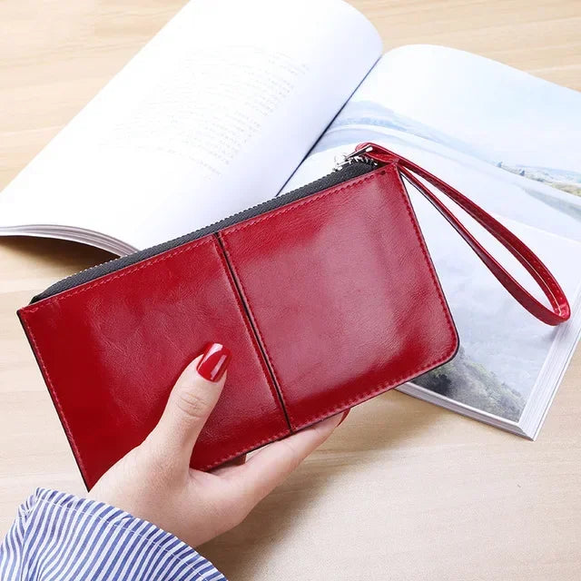Vintage PU Leather Long Wallet for Women with Zip and Wrist Strap