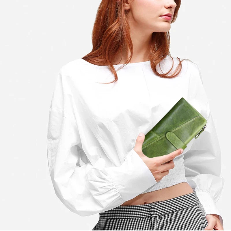 Genuine Cowhide Leather Long Wallet with Phone Compartment for Women