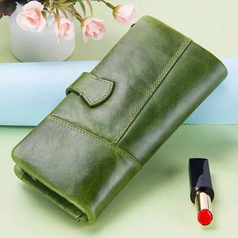 Genuine Cowhide Leather Long Wallet with Phone Compartment for Women