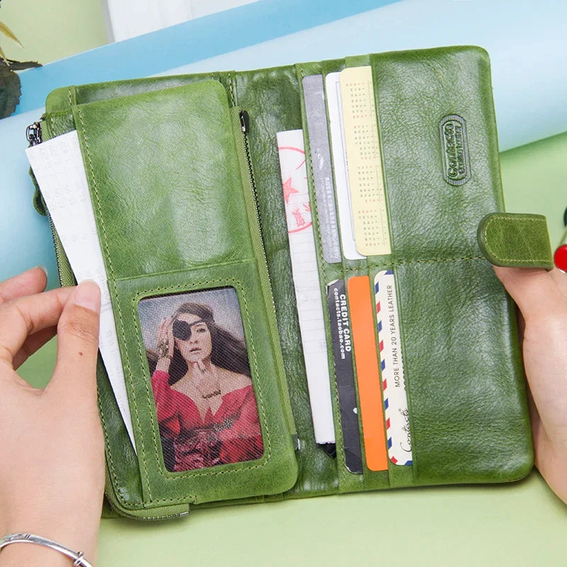 Genuine Cowhide Leather Long Wallet with Phone Compartment for Women