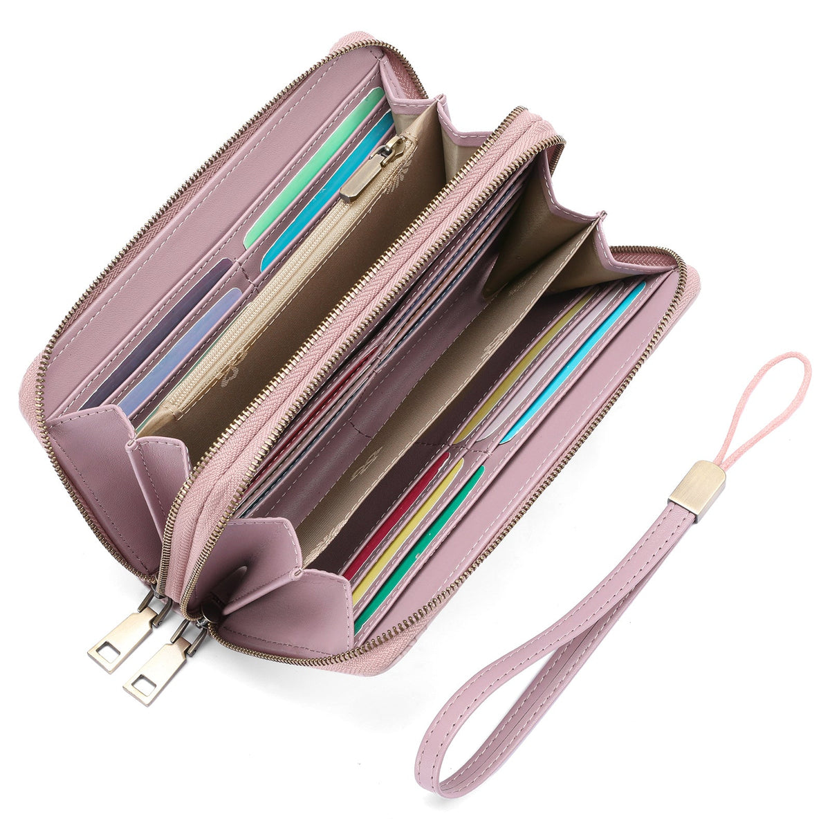 Women's Long Wallet with Double Zipper and Wrist Strap