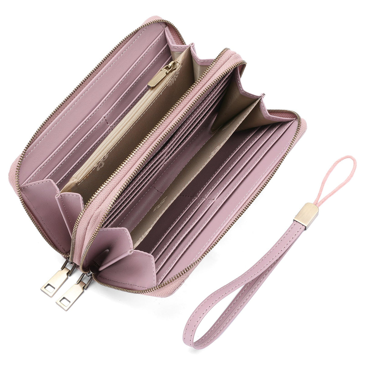 Women's Long Wallet with Double Zipper and Wrist Strap