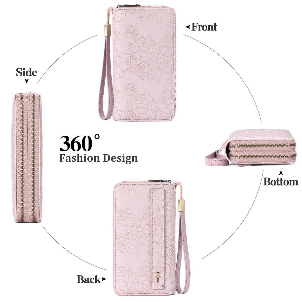 Women's Long Wallet with Double Zipper and Wrist Strap
