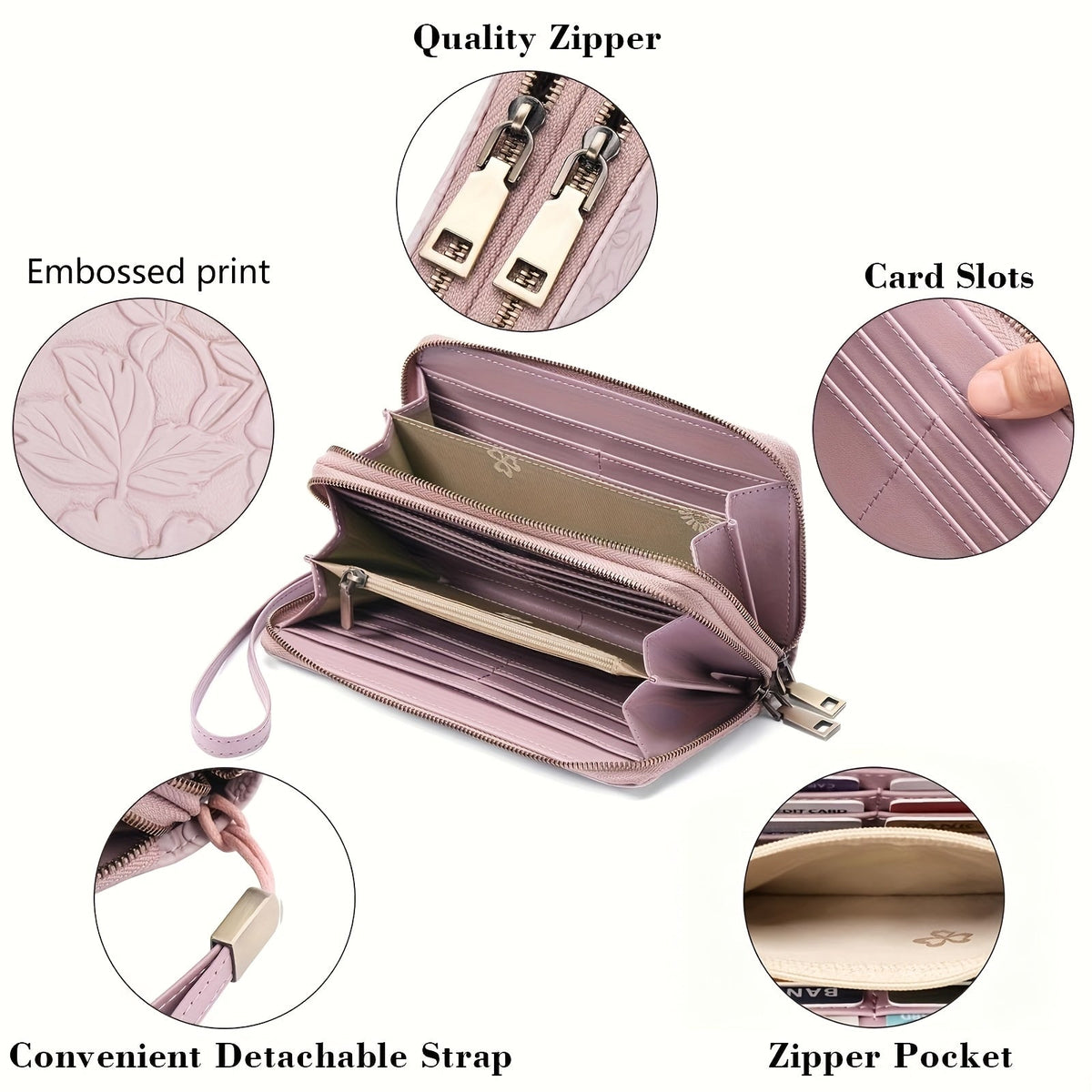 Women's Long Wallet with Double Zipper and Wrist Strap