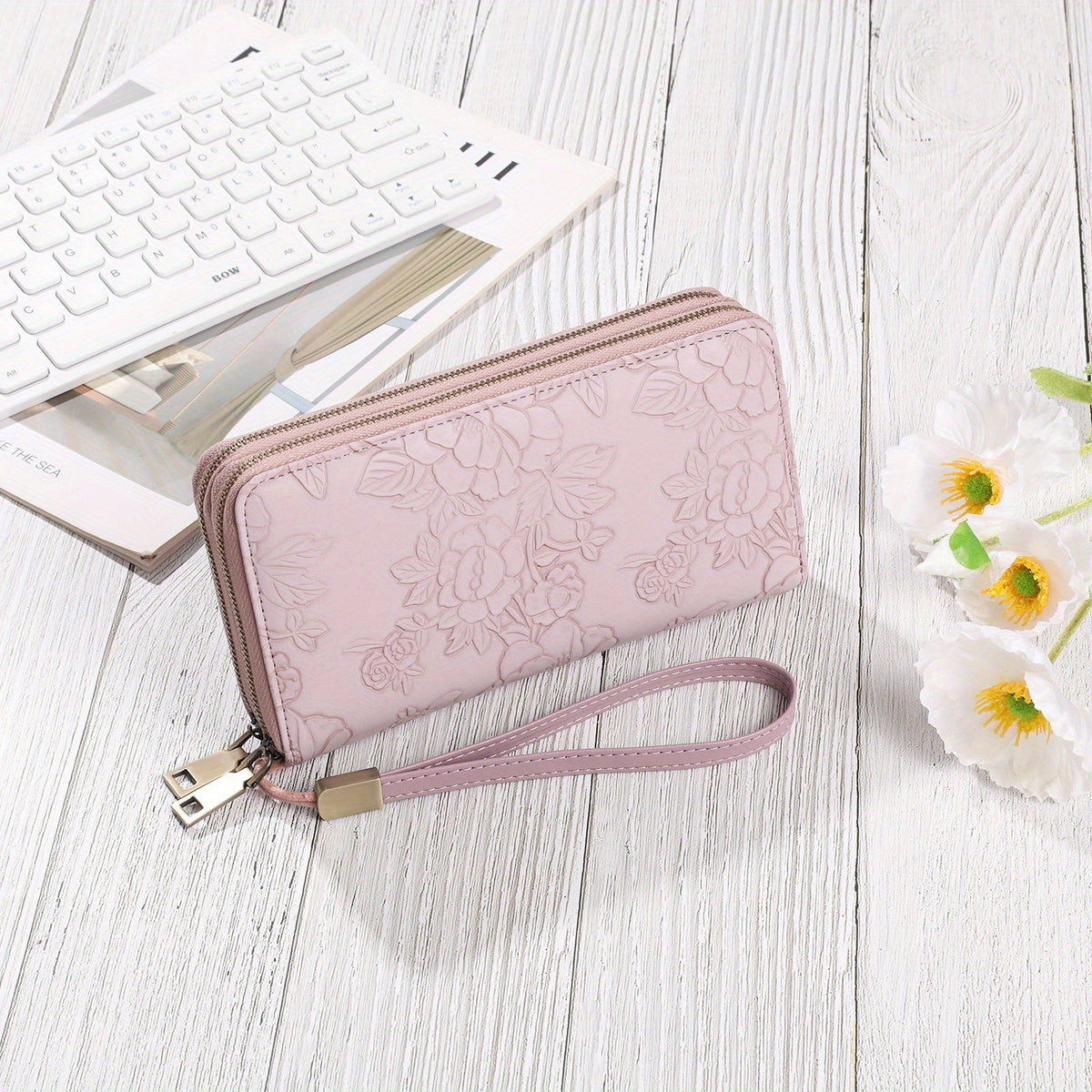 Women's Long Wallet with Double Zipper and Wrist Strap