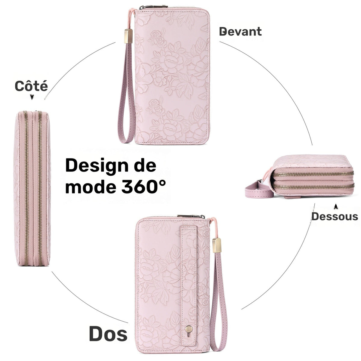 Women's Long Wallet with Double Zipper and Wrist Strap