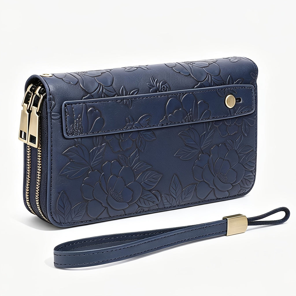 Women's Long Wallet with Double Zipper and Wrist Strap