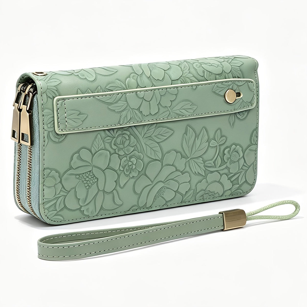 Women's Long Wallet with Double Zipper and Wrist Strap