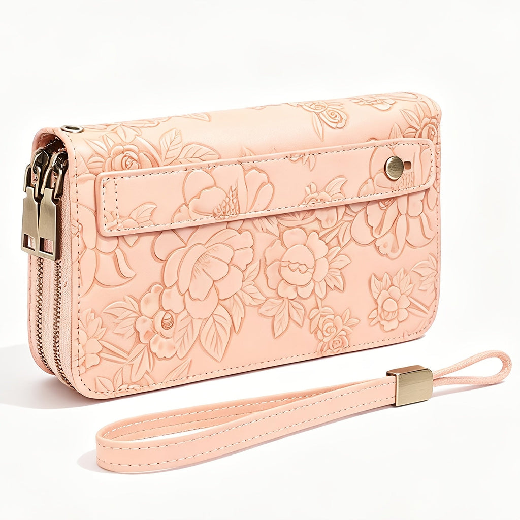 Women's Long Wallet with Double Zipper and Wrist Strap