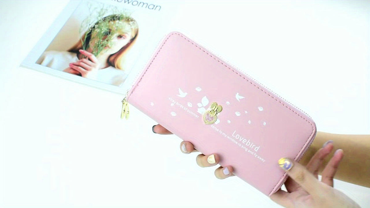 Long Women's Wallet with Double Zip and White Bird Print