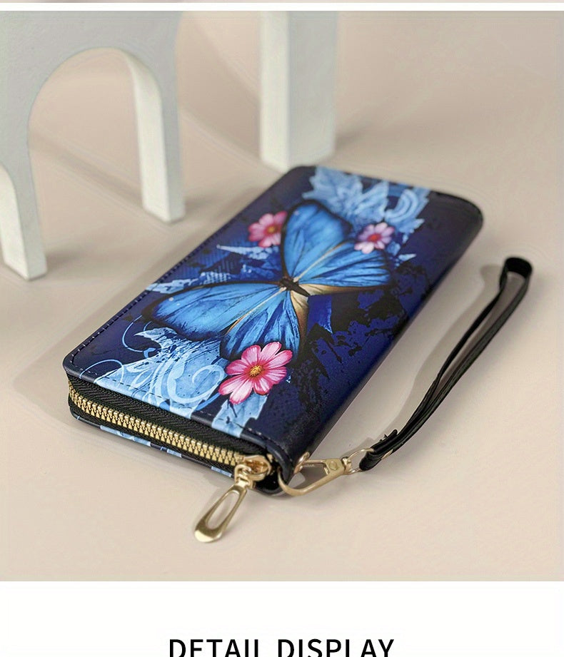 Long Women's Wallet with Butterfly Print, Zip and Wrist Strap