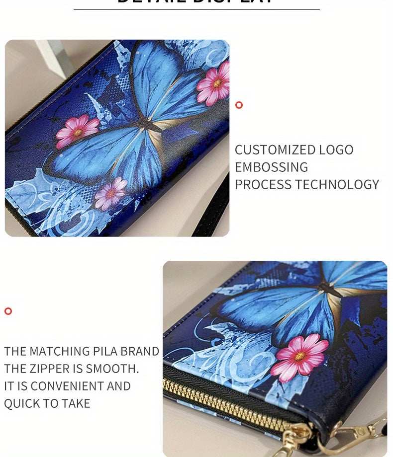 Long Women's Wallet with Butterfly Print, Zip and Wrist Strap