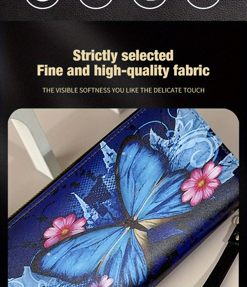 Long Women's Wallet with Butterfly Print, Zip and Wrist Strap Image