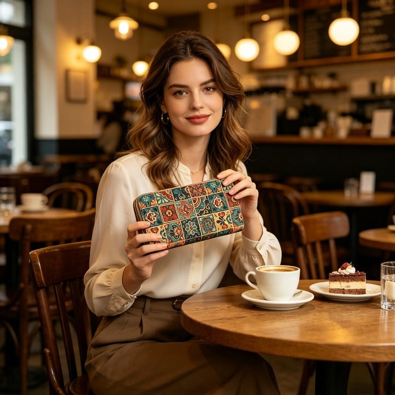 Long Women's Wallet in Printed Cork, Flat Bills