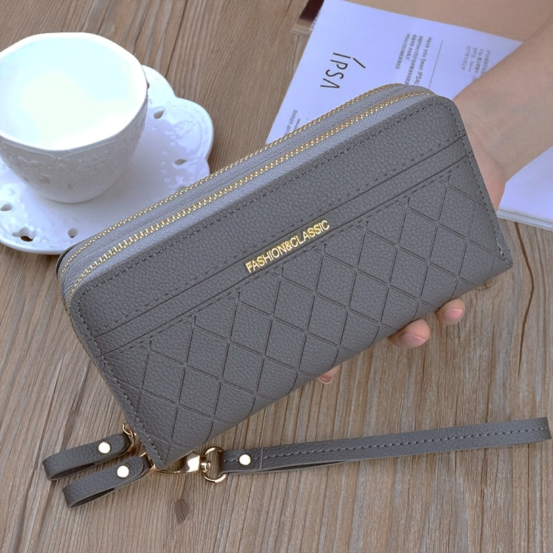 Women's Long Quilted Black Wallet with Phone Pocket