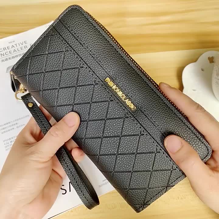 Women's Long Quilted Black Wallet with Phone Pocket