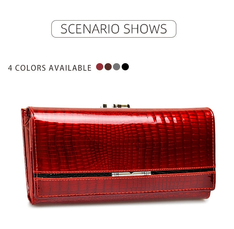 Long Women's Wallet in Croc-Embossed Patent Leather with Snap Closure