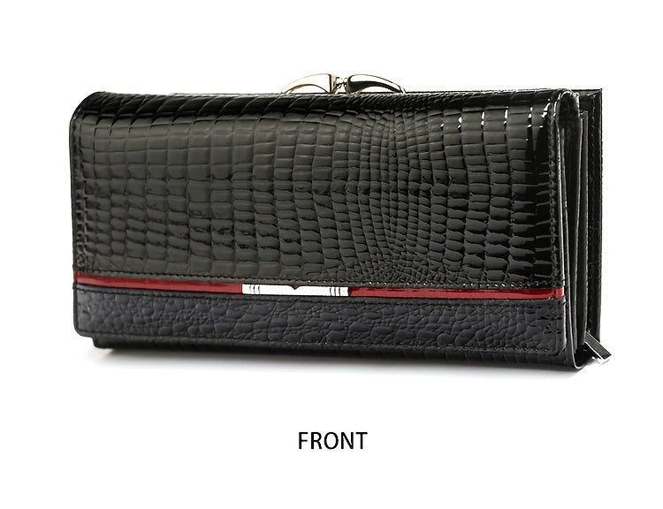 Long Women's Wallet in Croc-Embossed Patent Leather with Snap Closure