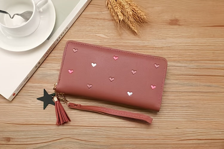 Long Zippered Women's Wallet with Embroidered Hearts and Wrist Strap