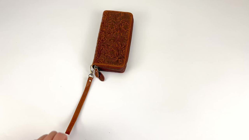 Long Women's Wallet in Floral Embossed Leather, Double Zip