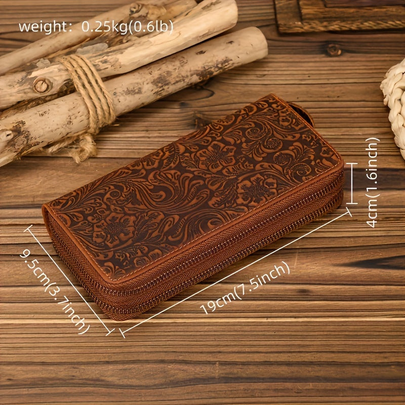 Long Women's Wallet in Floral Embossed Leather, Double Zip Image