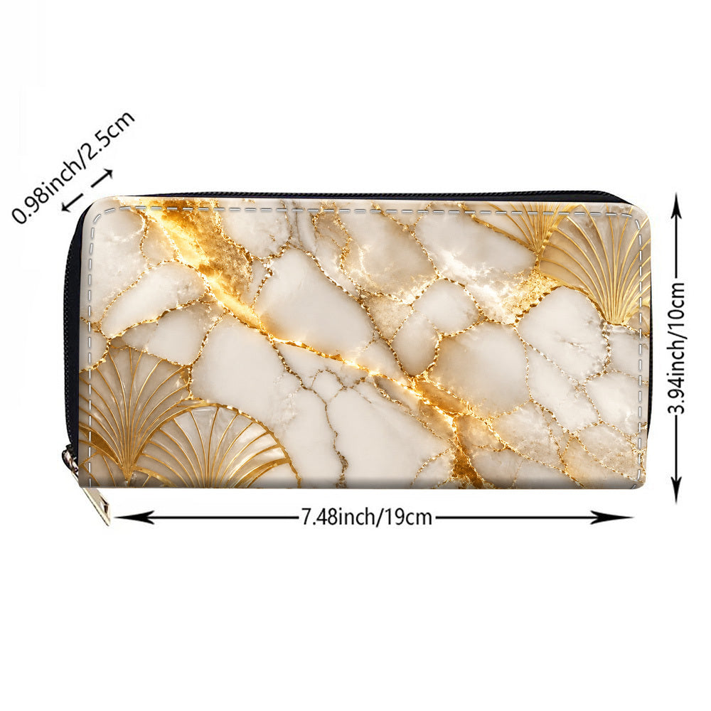Long Zip Wallet for Women in White and Gold Marble Print