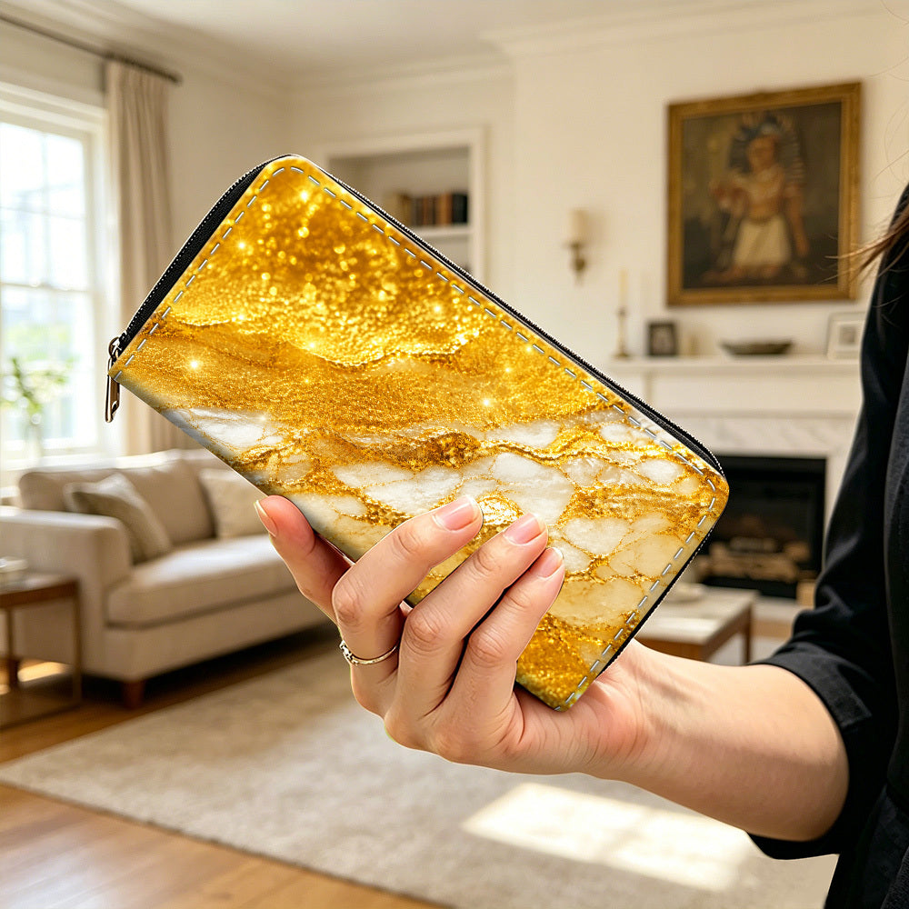 Long Zip Wallet for Women with Gold Marble Print