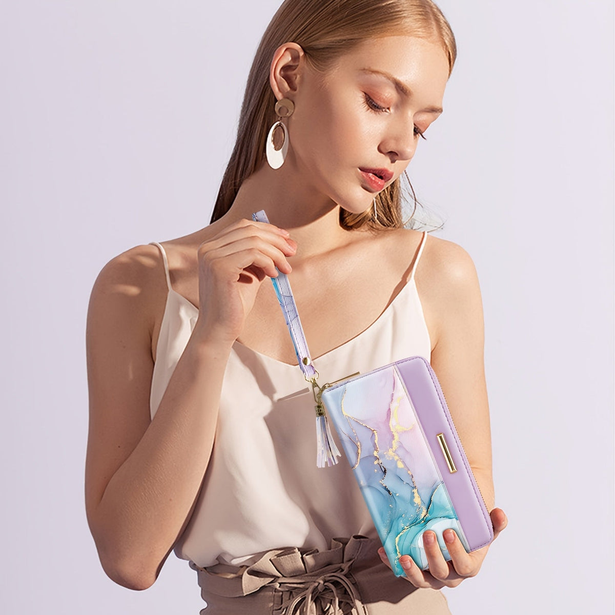 Long Zip Wallet for Women with Marbled Gold Finish and Wrist Strap