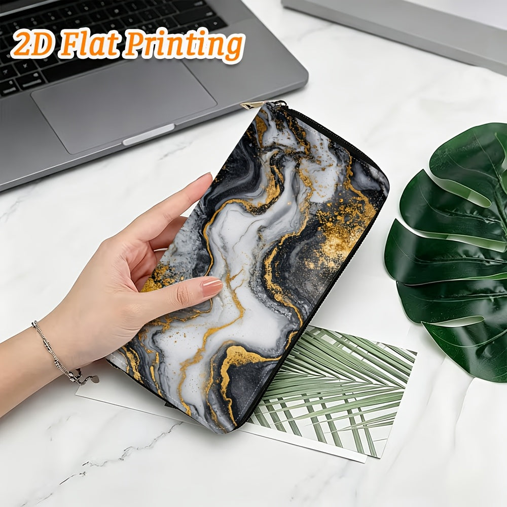 Women's Long Zip Wallet in Black and Gold Marble Print PVC