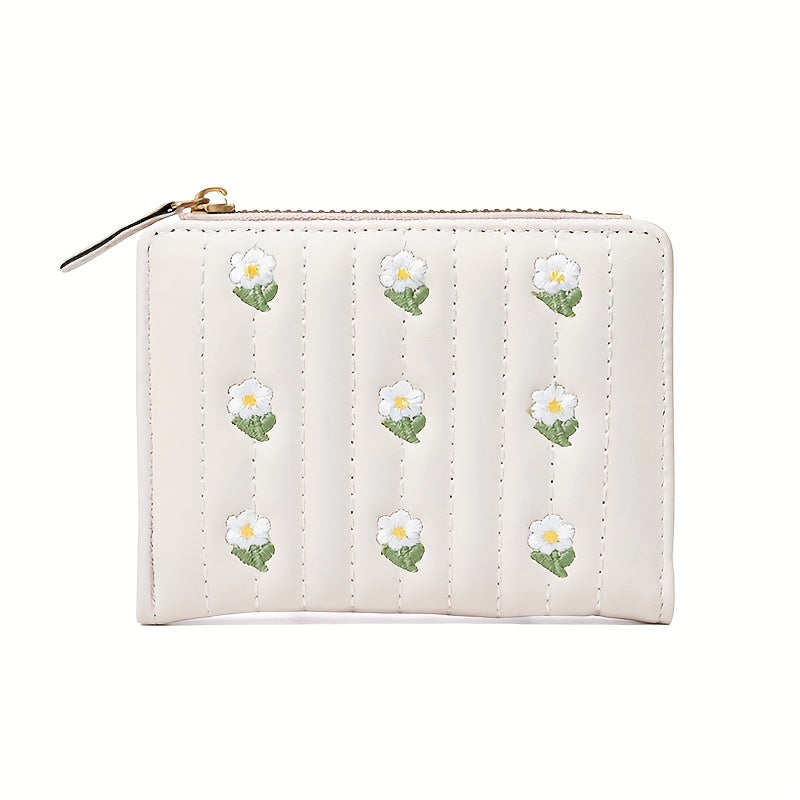 Women's Wallet with Embroidered Daisies, Two-Fold Design