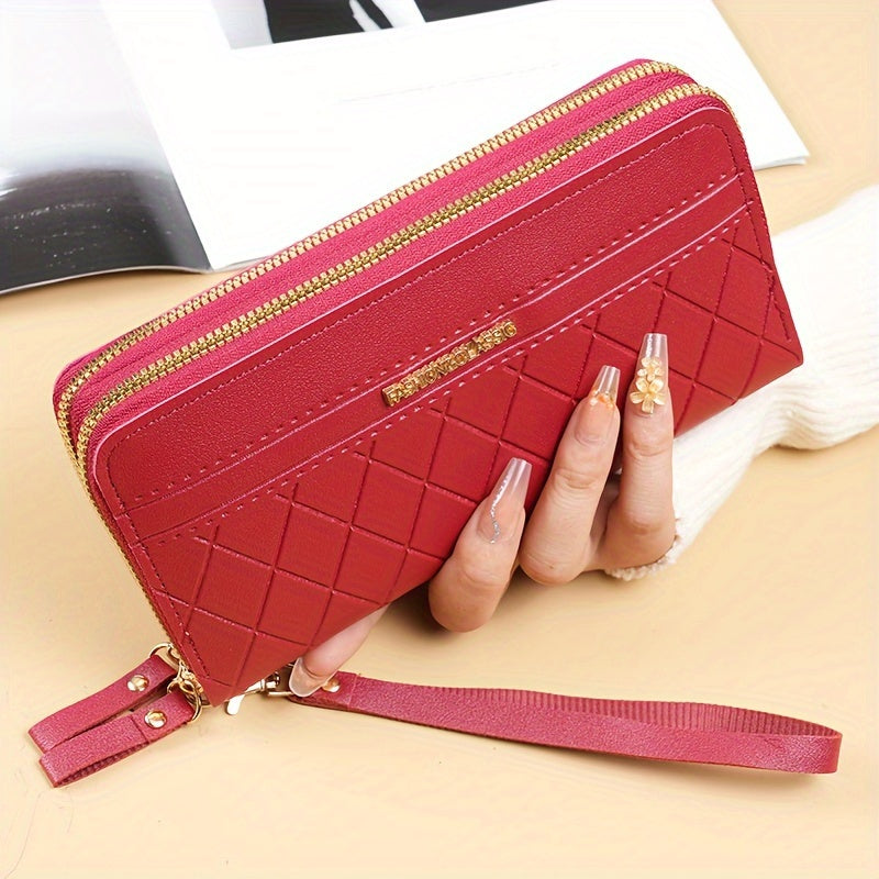 Quilted Pink Women's Wallet, Double Zip with Wrist Strap